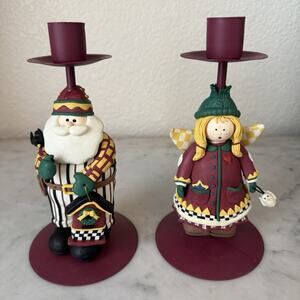 Vintage 2000 Debbie Mumm Folk Art Santa Angel Candle Holder Stand Christmas Bird